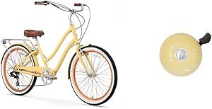 sixthreezero EVRYjourney Women's 7-Speed Step-Through Hybrid Cruiser Bicycle, 26" Wheels with 17.5" Frame, Cream with Brown Seat and Grips, Model:630034 & Firmstrong Classic Beach Cruiser Bicycle Bell