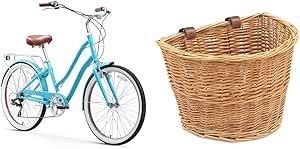 sixthreezero EVRYjourney Steel Women's 7-Speed 26" Hybrid Bike with ProsourceFit Wicker Front Cargo Basket for Cruiser and Comfort Bikes, Light Brown