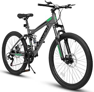 Mountain Bike 26 Inch Wheels, 21-Speed Full Suspension Mens Womens Trail Commuter City Mountain Bike, Carbon Steel Frame Disc Brakes Thumb Shifter Front Fork Rear Shock Absorber Bicycles